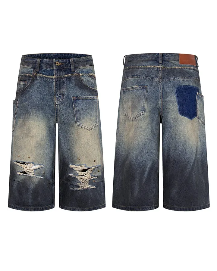 Vintage Distressed Washed Denim Cropped Shorts