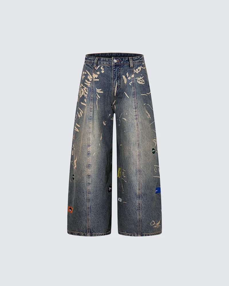Vintage Graffiti Print Wide Leg Denim Pants New
