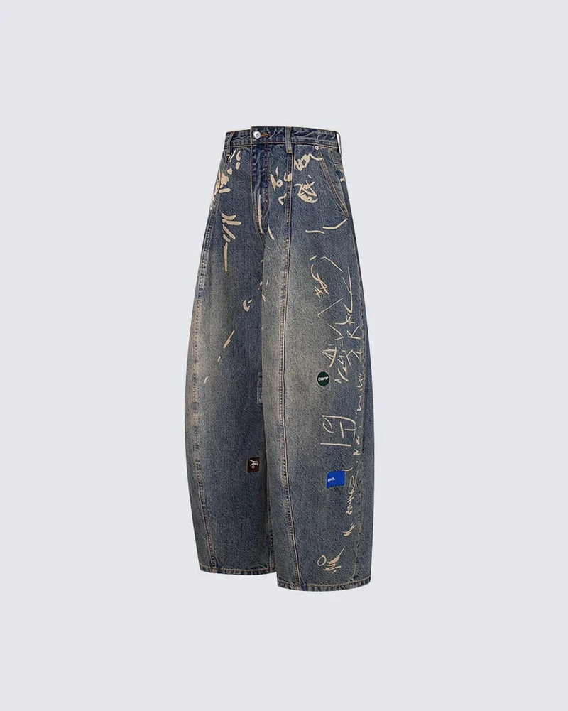 Vintage Graffiti Print Wide Leg Denim Pants New