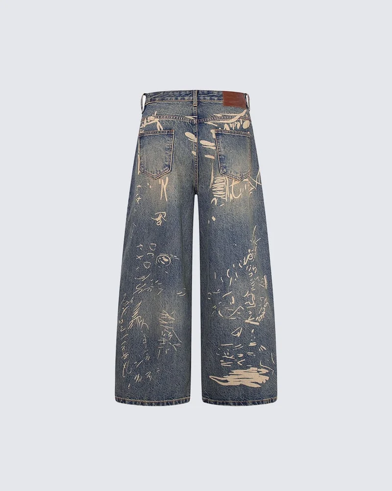 Vintage Graffiti Print Wide Leg Denim Pants New