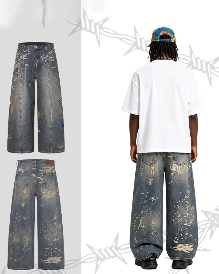 Vintage Graffiti Print Wide Leg Denim Pants New