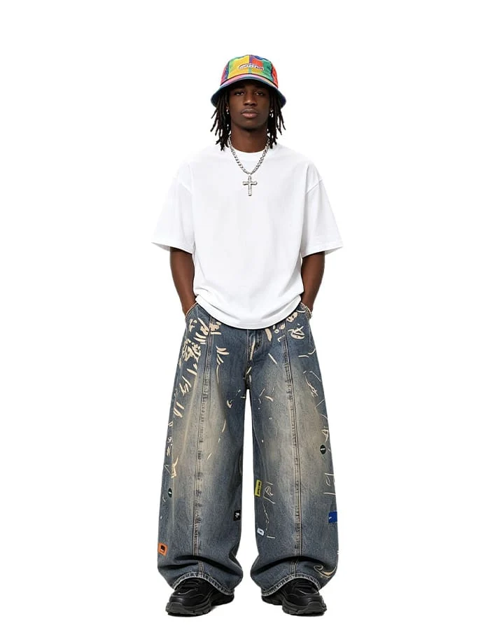 Vintage Graffiti Print Wide Leg Denim Pants New