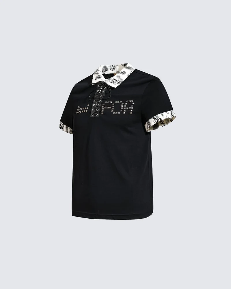 American Retro Leopard Print Metallic Stud Letter T-Shirt