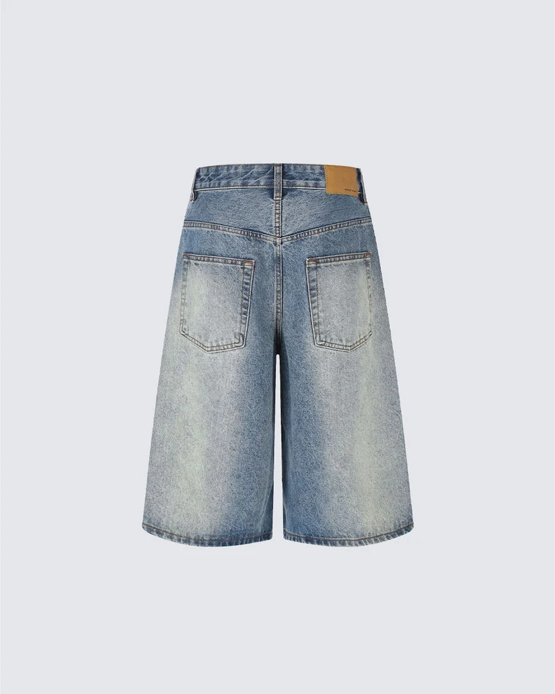 Retro Washed Whisker-Effect Denim Shorts