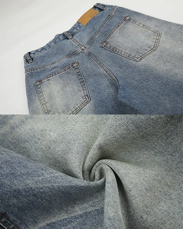 Retro Washed Whisker-Effect Denim Shorts
