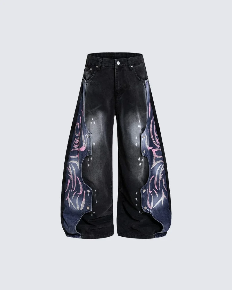Street-Style Hand-Painted Graffiti Color-Blocked Jeans