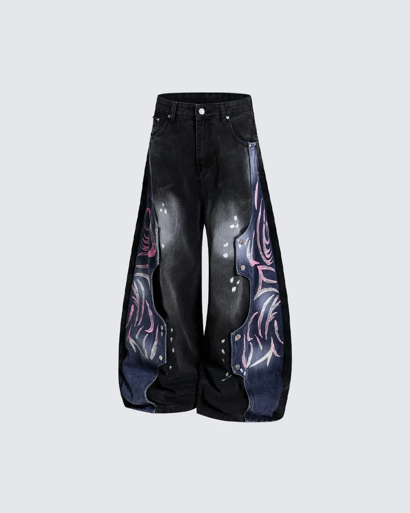 Street-Style Hand-Painted Graffiti Color-Blocked Jeans