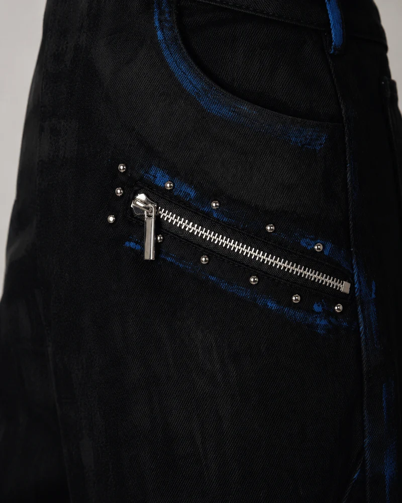 Dark American-Style Cut Studded Cropped Jeans