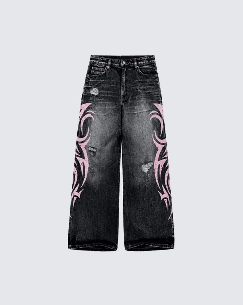 American Retro Style Flame Print Jeans