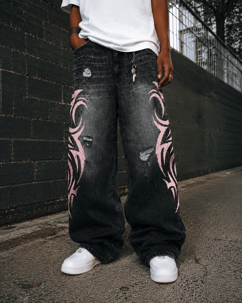 American Retro Style Flame Print Jeans