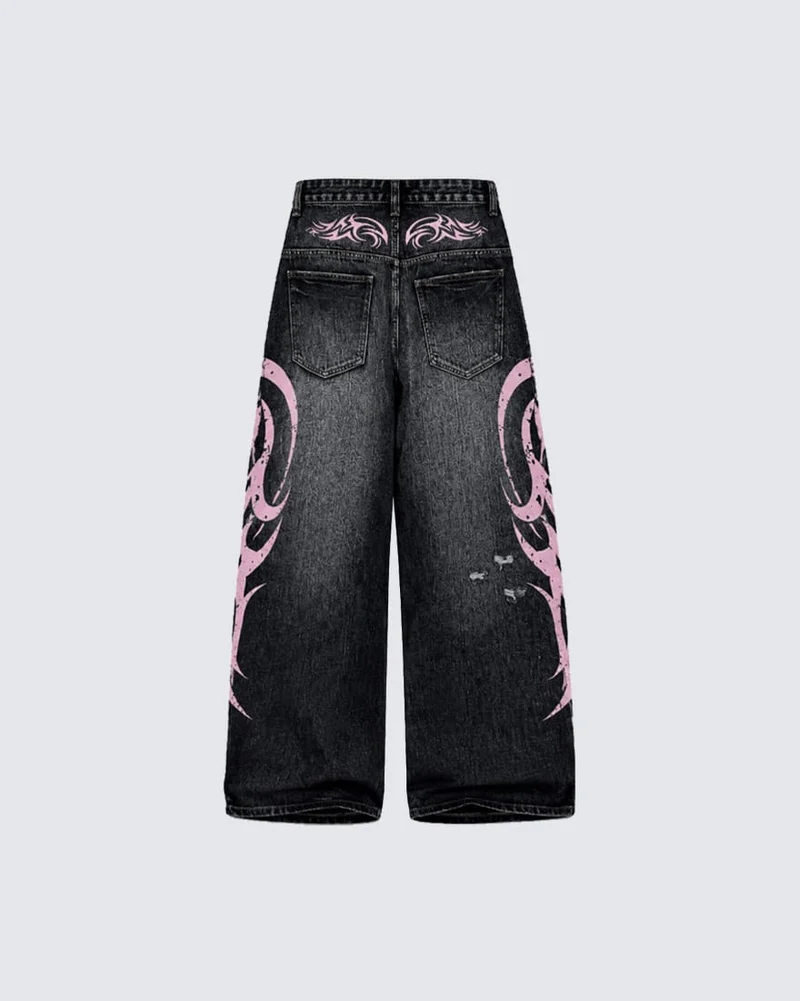 American Retro Style Flame Print Jeans