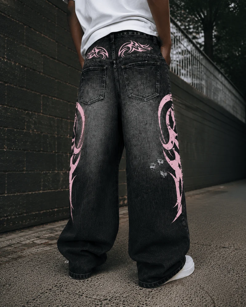 American Retro Style Flame Print Jeans