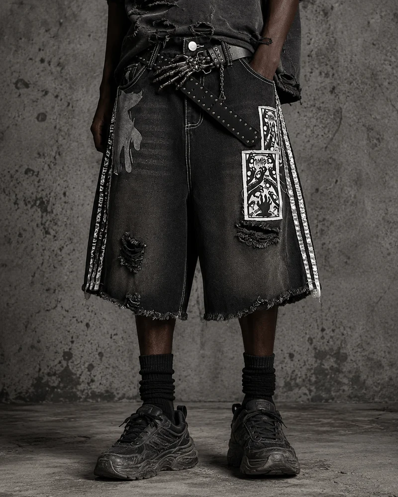 Distressed Gothic Graphic Denim Shorts（ Belt included )