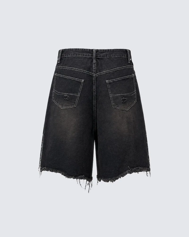 Distressed Gothic Graphic Denim Shorts（ Belt included )