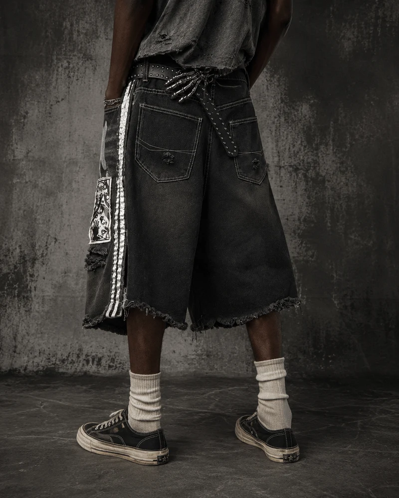 Distressed Gothic Graphic Denim Shorts（ Belt included )