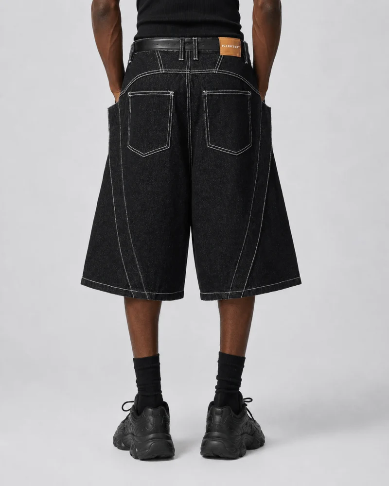 Contrast Stitching Wide-Leg Denim Shorts