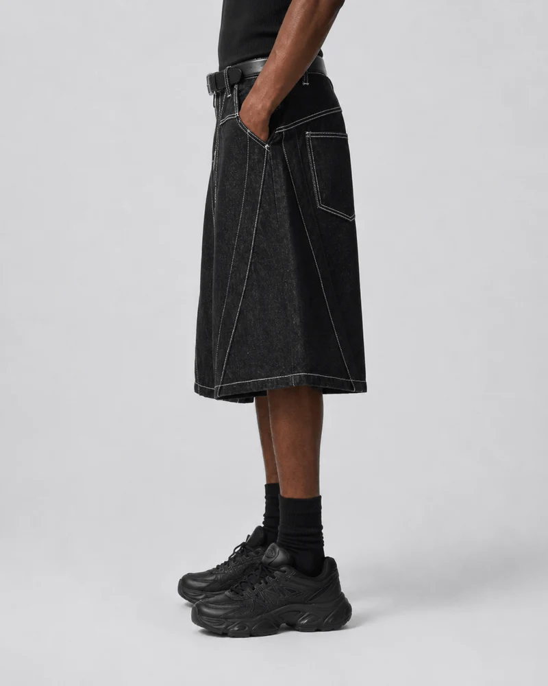 Contrast Stitching Wide-Leg Denim Shorts