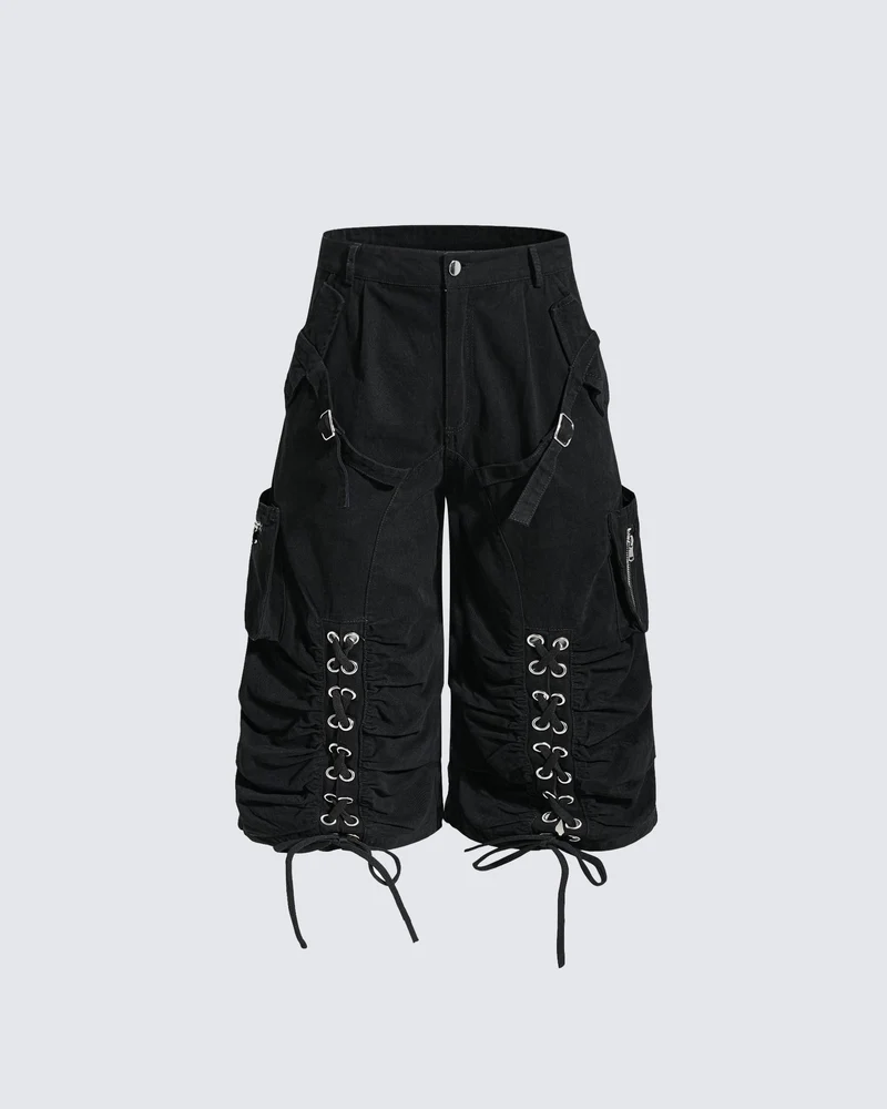 Distressed Cargo Wide-Leg Pants with Straps