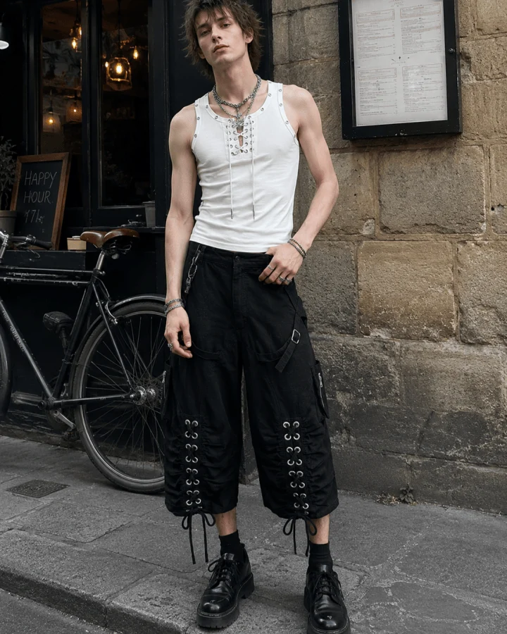 Distressed Cargo Wide-Leg Pants with Straps