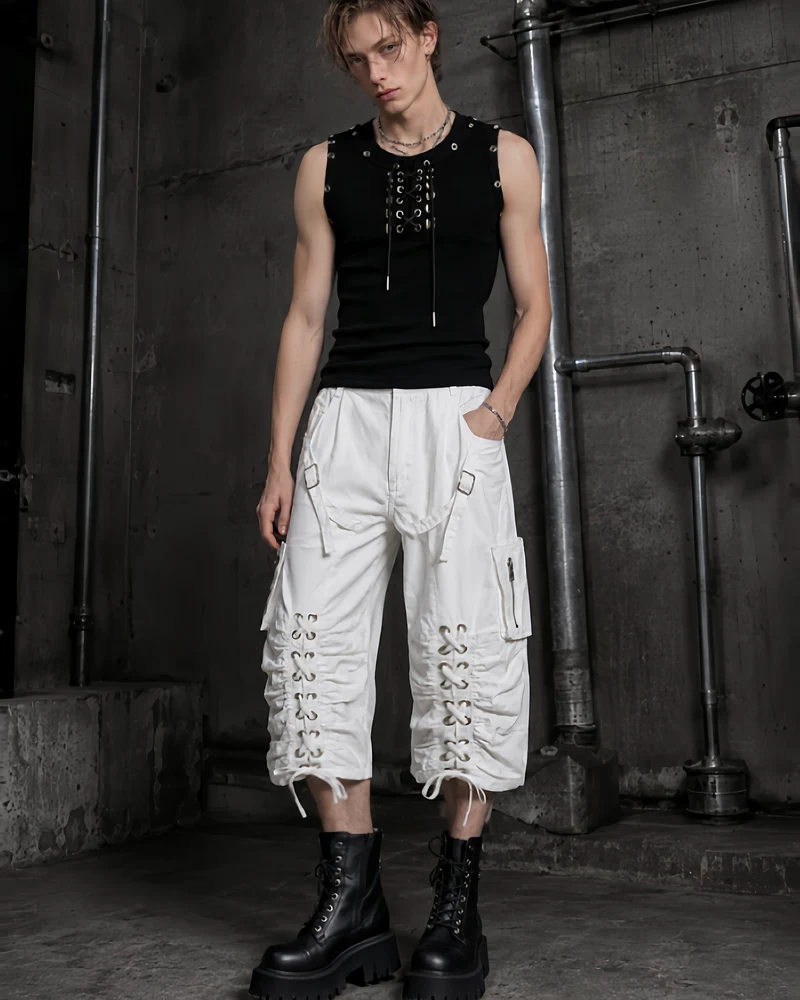 Distressed Cargo Wide-Leg Pants with Straps
