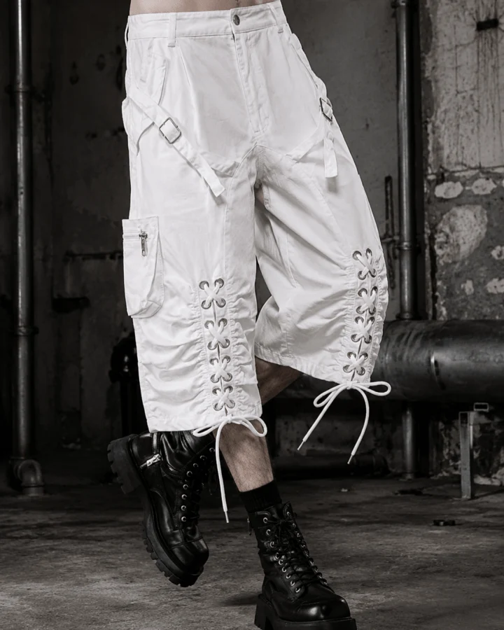 Distressed Cargo Wide-Leg Pants with Straps