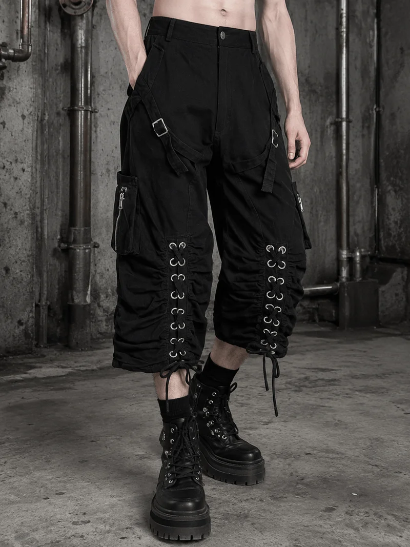 Distressed Cargo Wide-Leg Pants with Straps