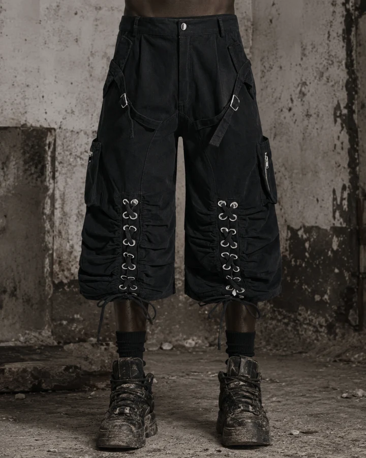 Distressed Cargo Wide-Leg Pants with Straps