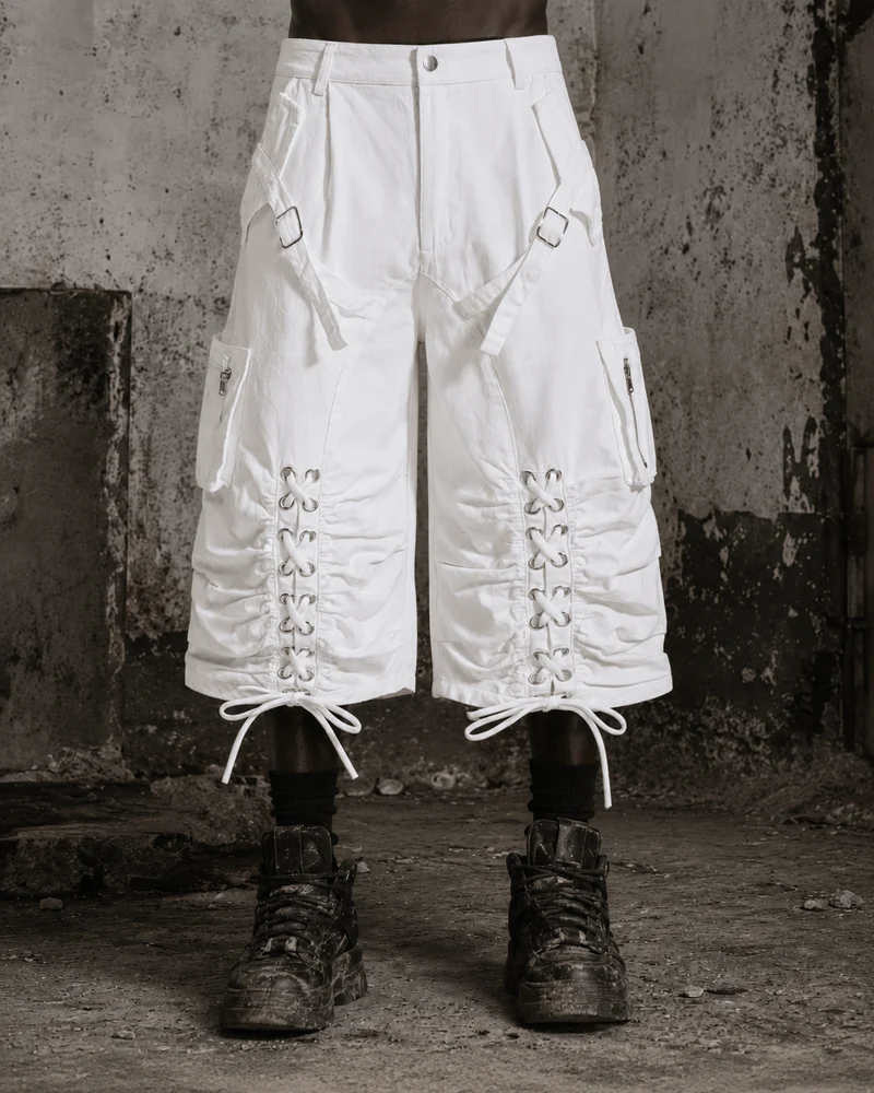 Distressed Cargo Wide-Leg Pants with Straps