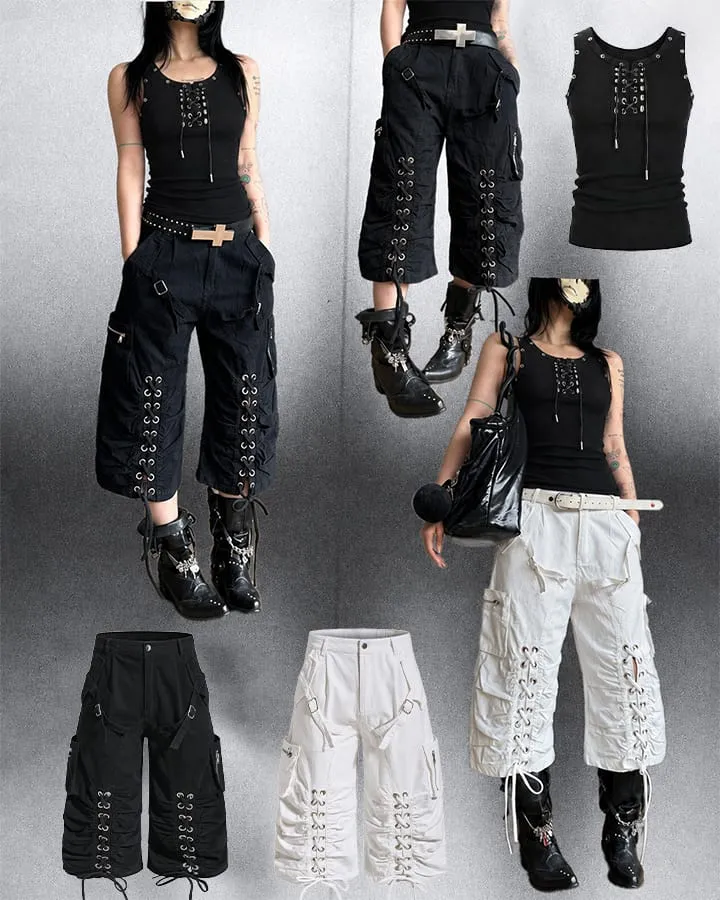 Distressed Cargo Wide-Leg Pants with Straps