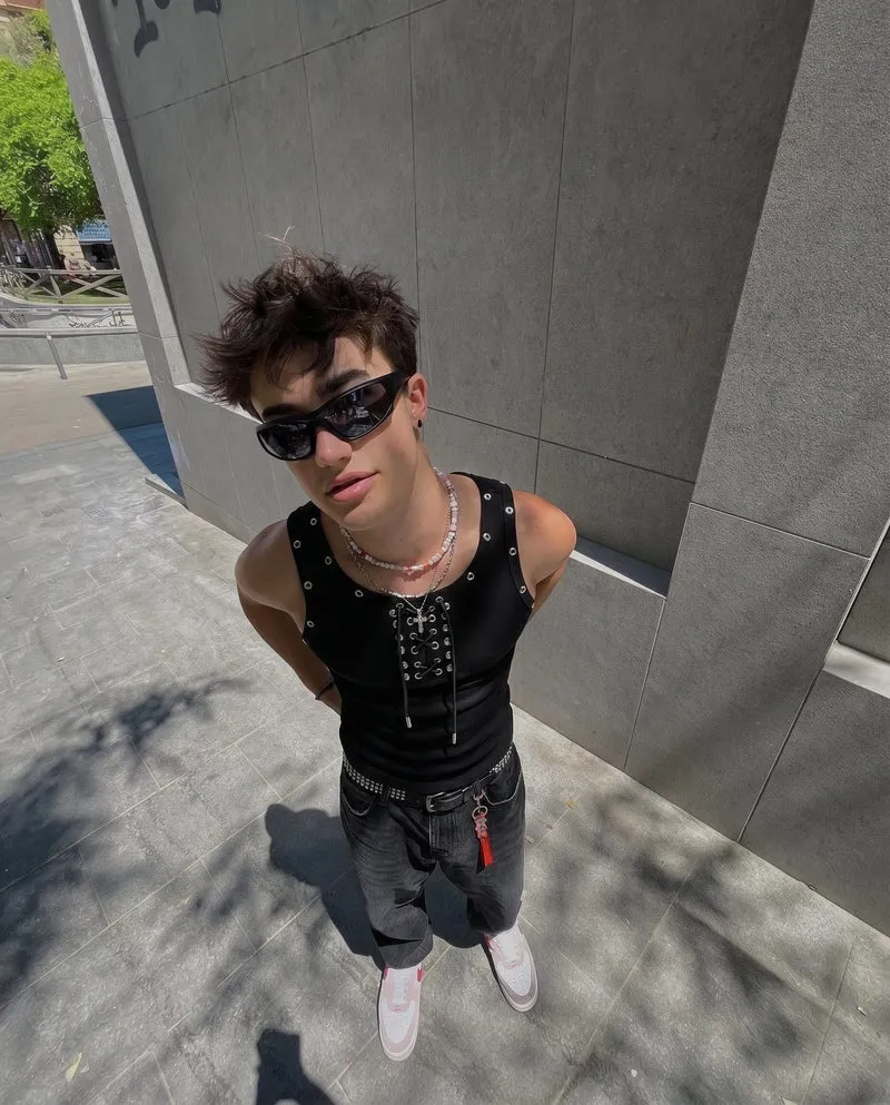 American Punk Lace-Up Rivet Tank Top New