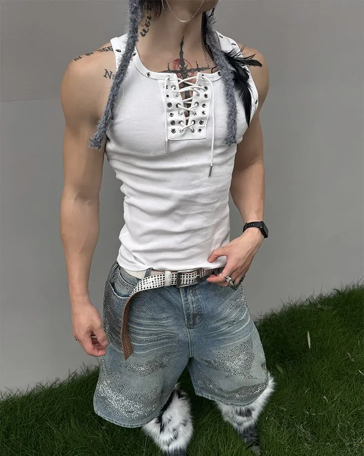 American Punk Lace-Up Rivet Tank Top New