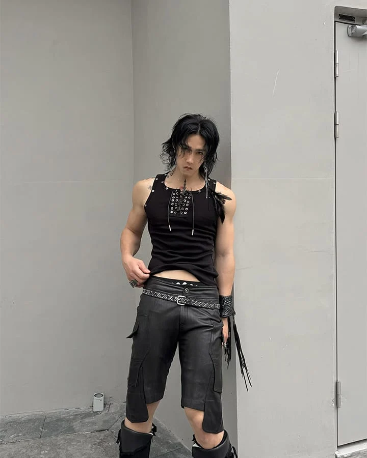 American Punk Lace-Up Rivet Tank Top New