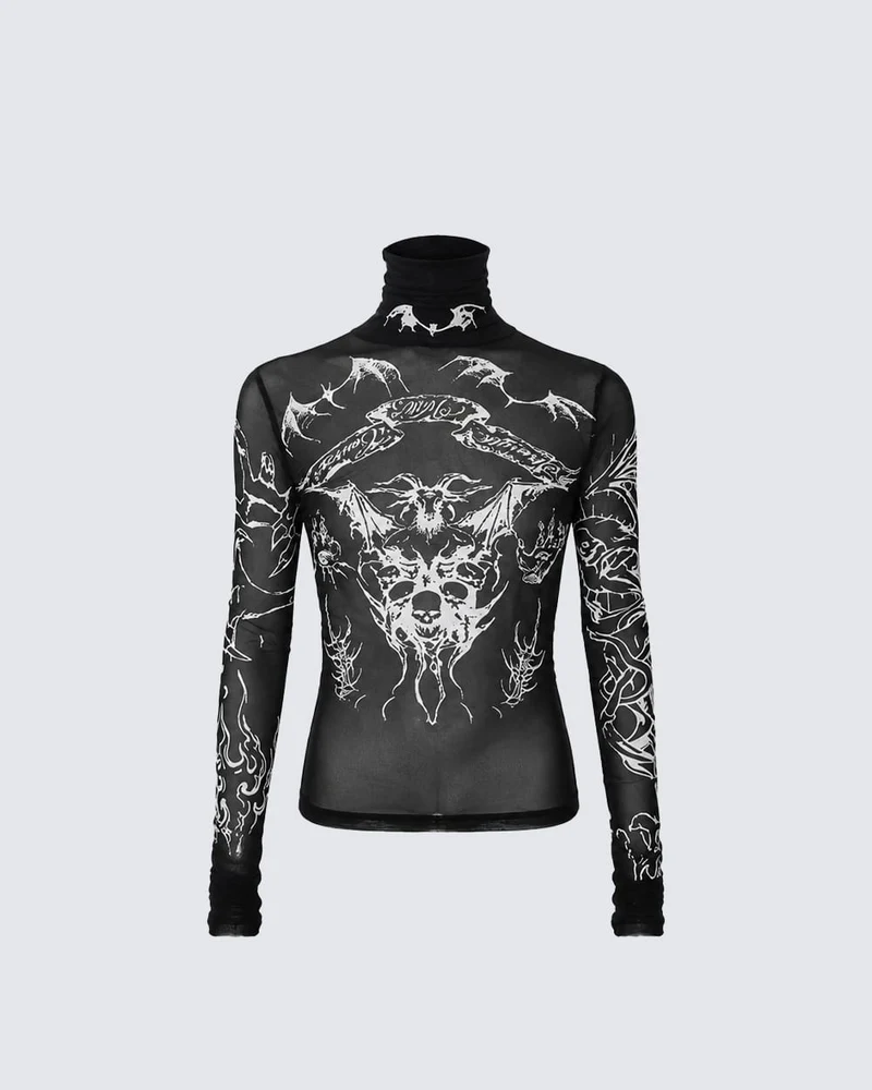 Gothic Mesh Long Sleeve Top with Graphic Print