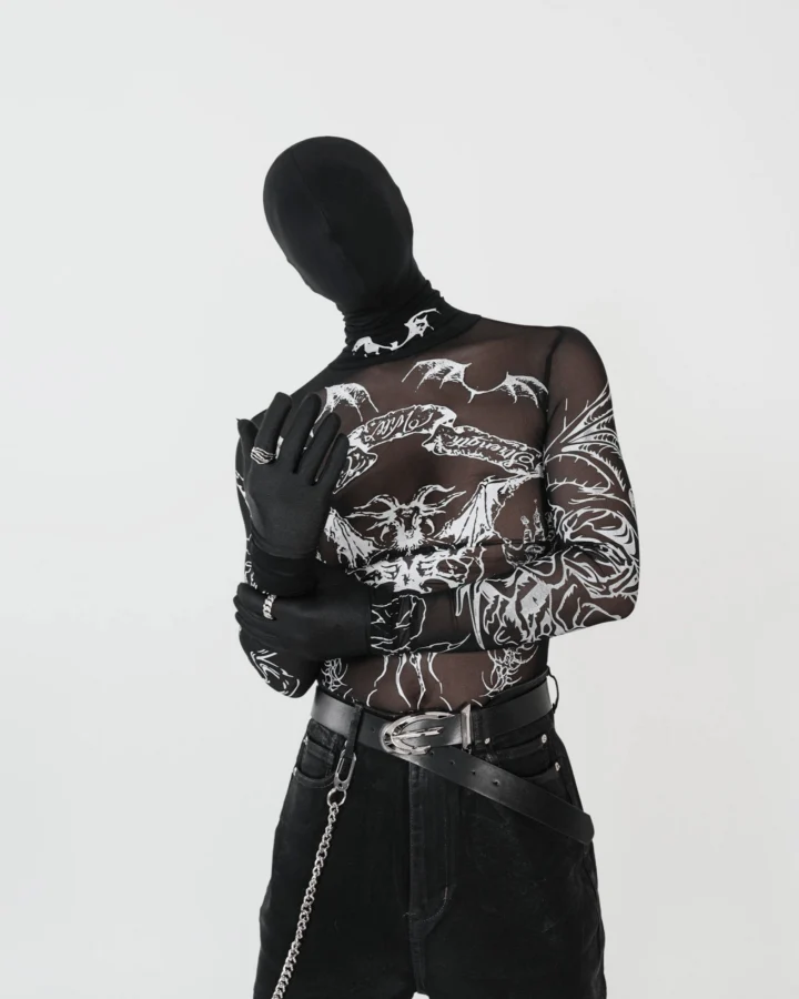Gothic Mesh Long Sleeve Top with Graphic Print