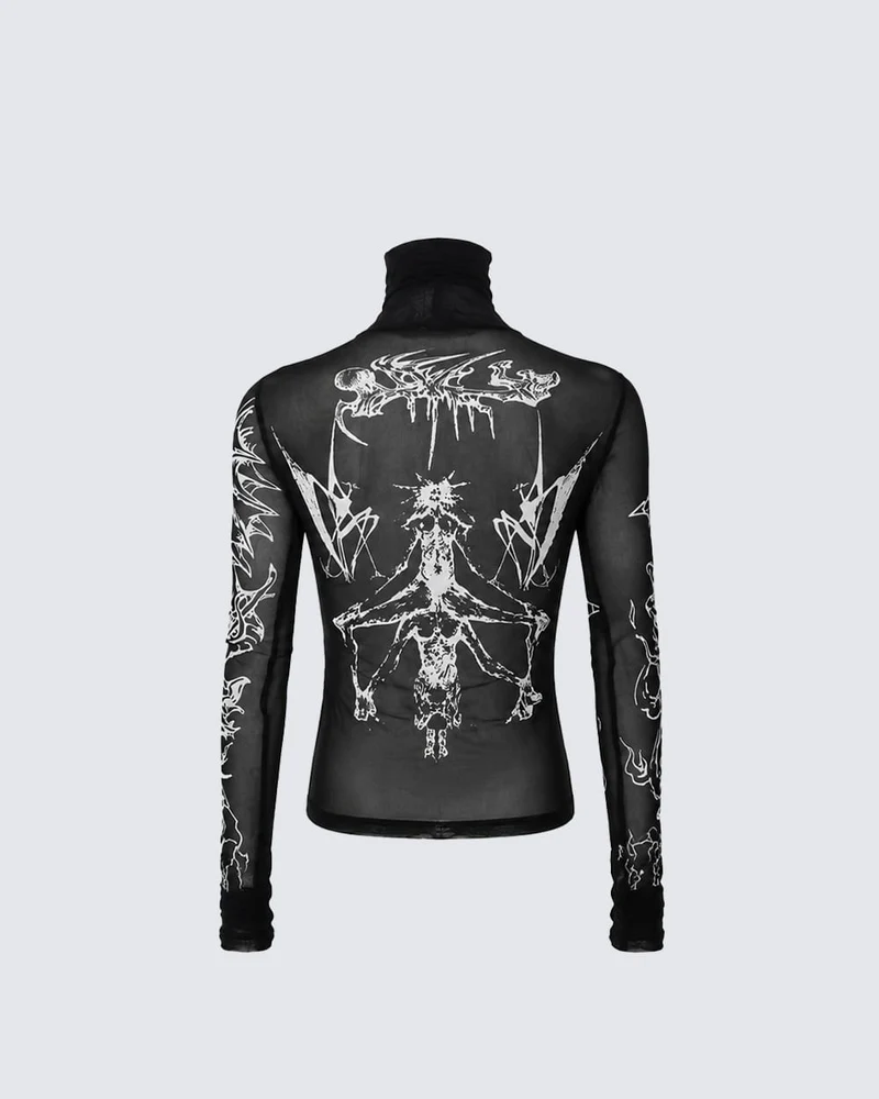 Gothic Mesh Long Sleeve Top with Graphic Print