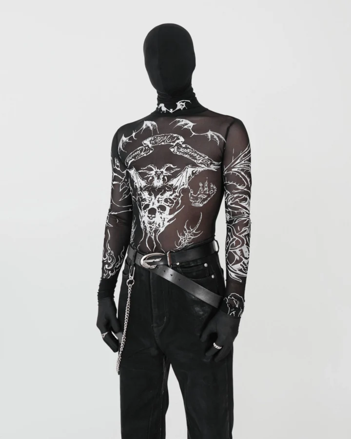Gothic Mesh Long Sleeve Top with Graphic Print