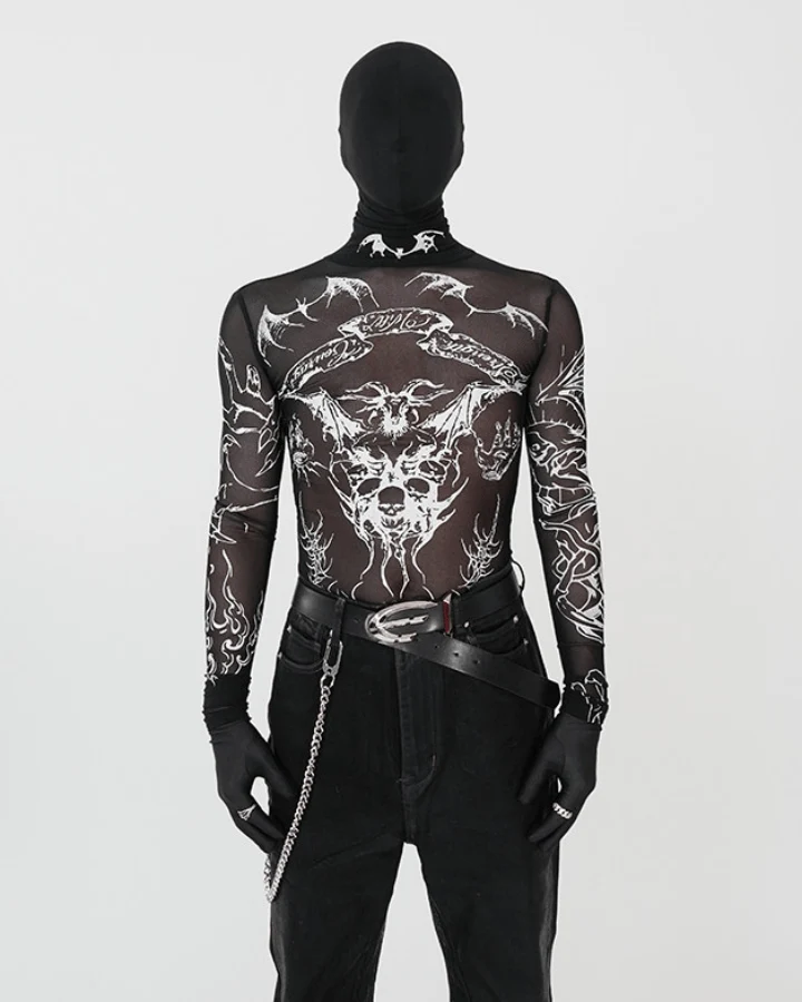 Gothic Mesh Long Sleeve Top with Graphic Print