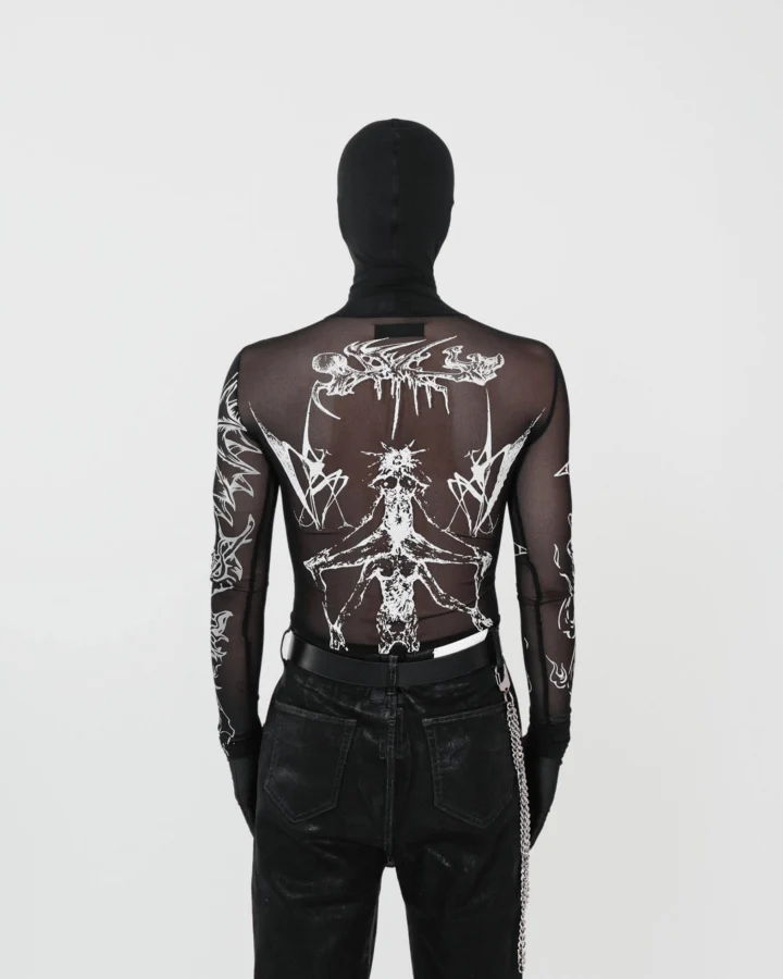 Gothic Mesh Long Sleeve Top with Graphic Print