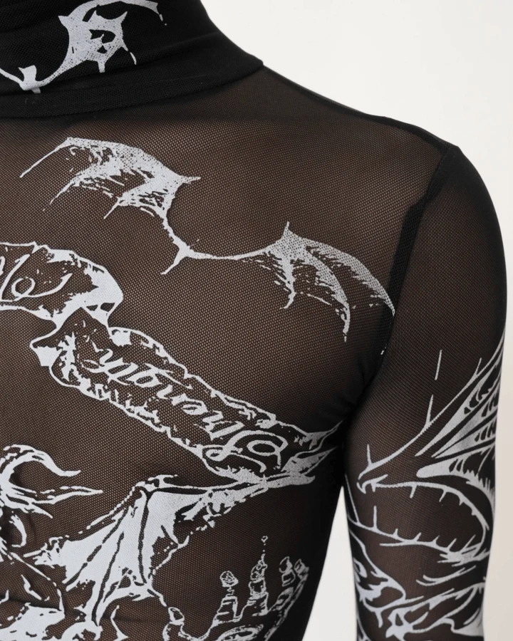 Gothic Mesh Long Sleeve Top with Graphic Print