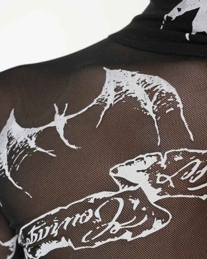 Gothic Mesh Long Sleeve Top with Graphic Print