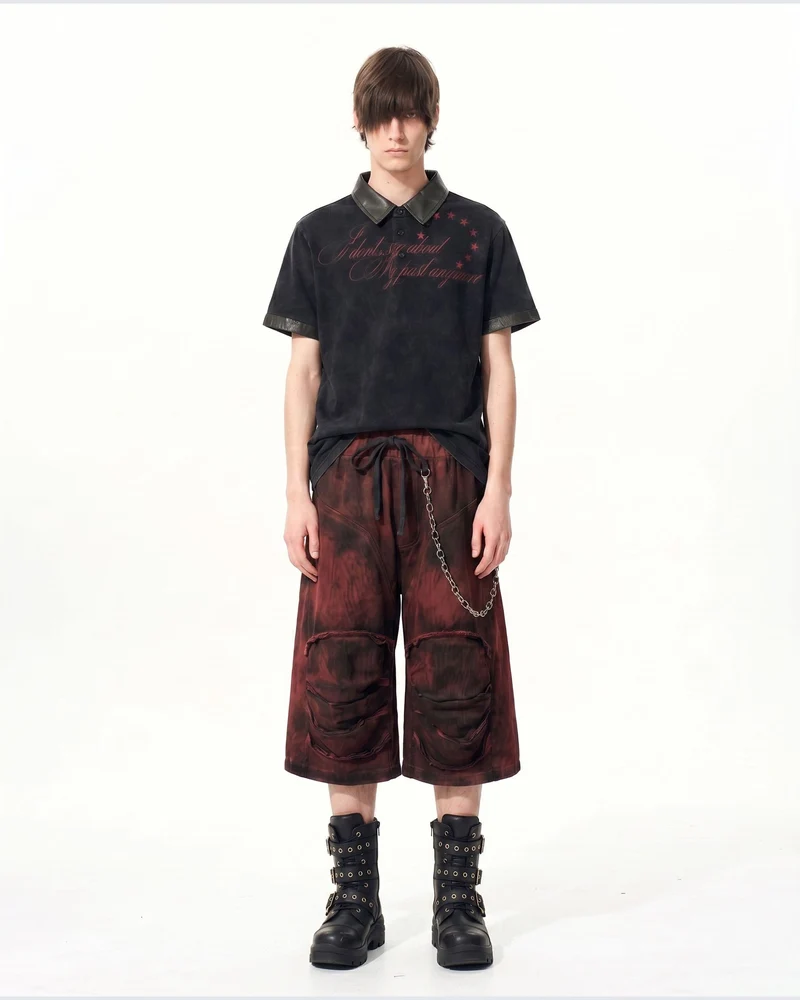 KIIKIO -New Vintage Washed Letter Print Polo Shirt