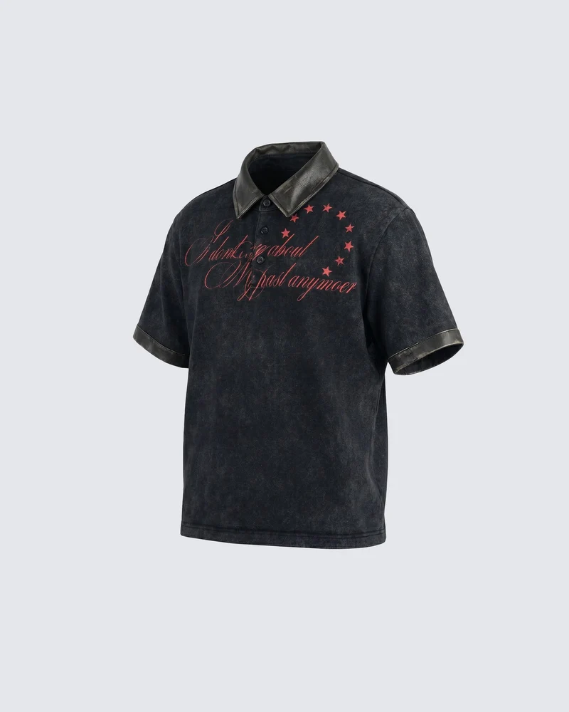 KIIKIO -New Vintage Washed Letter Print Polo Shirt