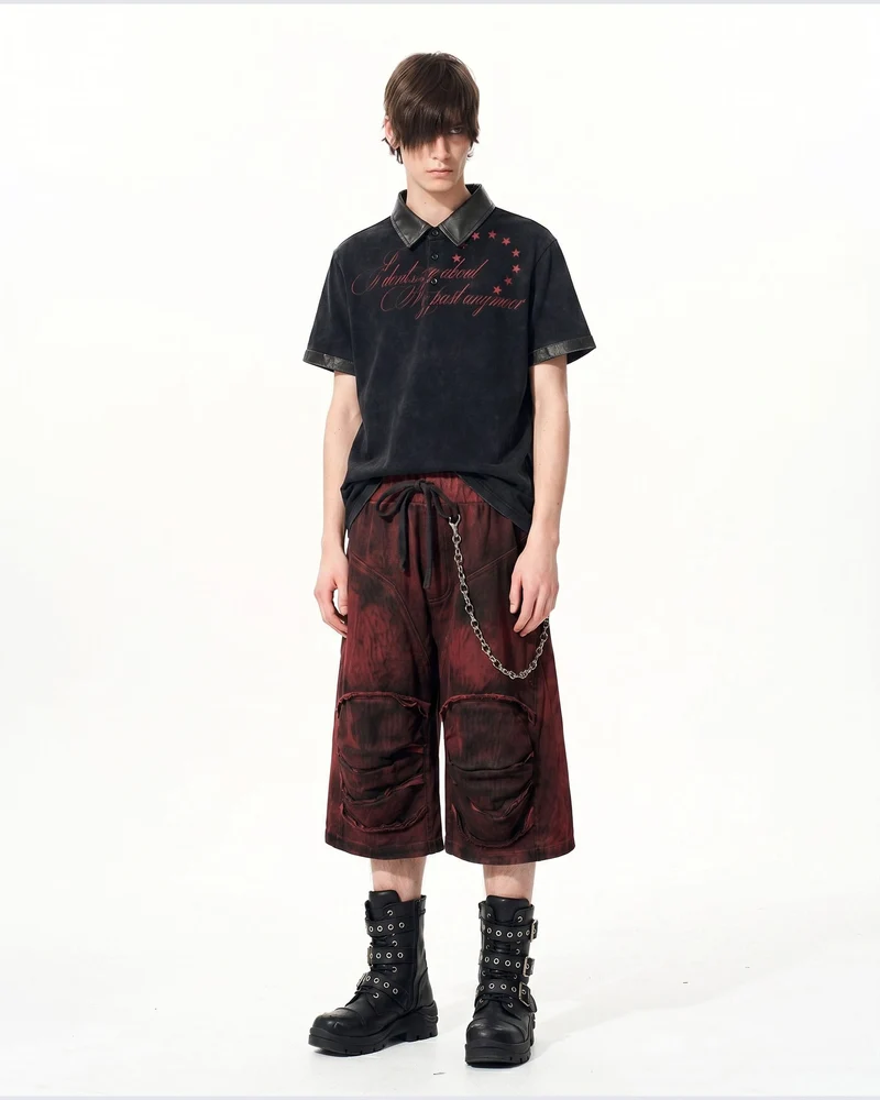 KIIKIO -New Vintage Washed Letter Print Polo Shirt