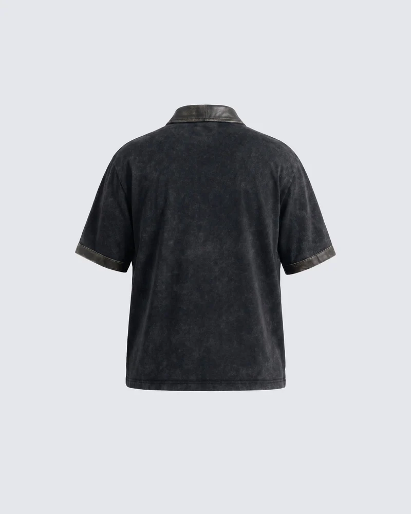 KIIKIO -New Vintage Washed Letter Print Polo Shirt