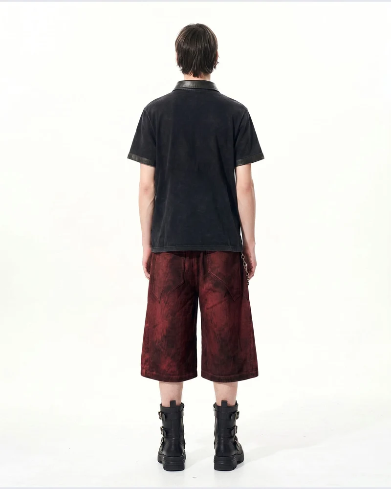 KIIKIO -New Vintage Washed Letter Print Polo Shirt