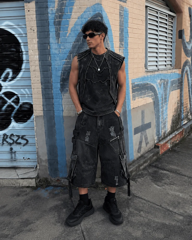 Dark Distressed Street Style Workwear Capri Pants