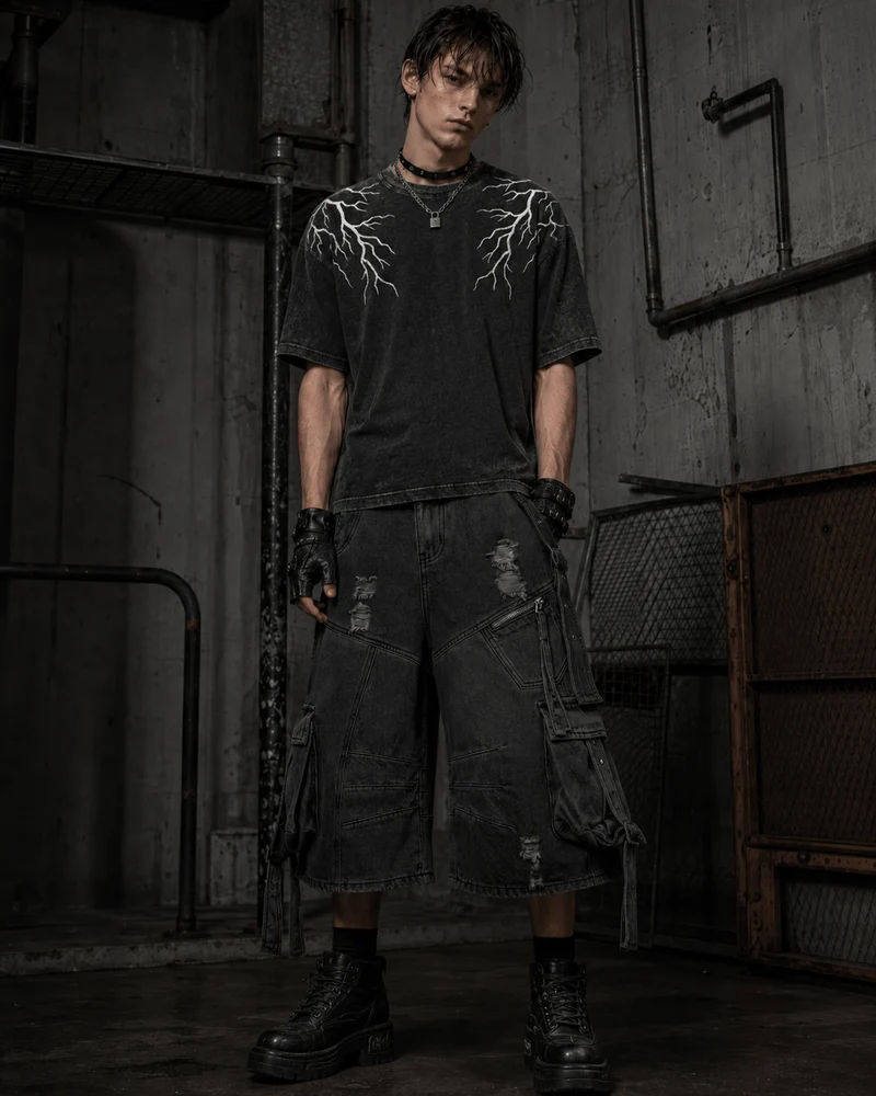Dark Distressed Street Style Workwear Capri Pants