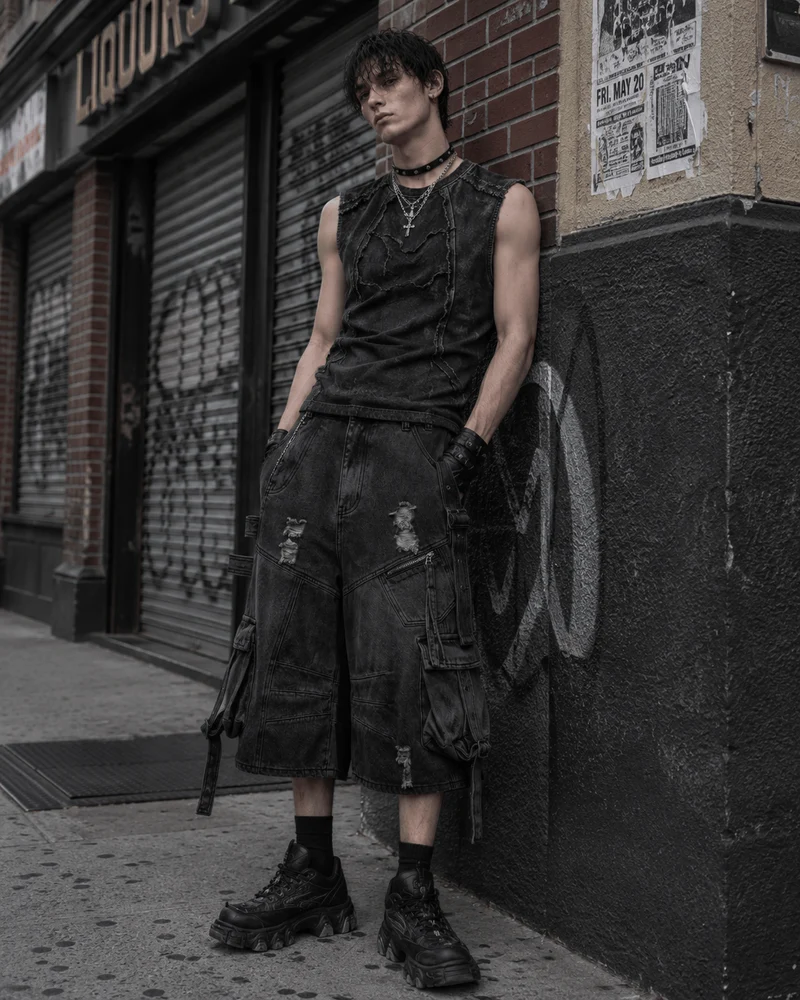 Dark Distressed Street Style Workwear Capri Pants
