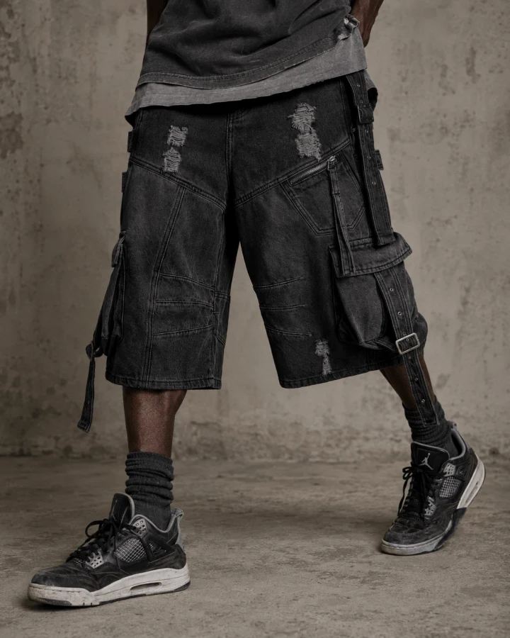 Dark Distressed Street Style Workwear Capri Pants