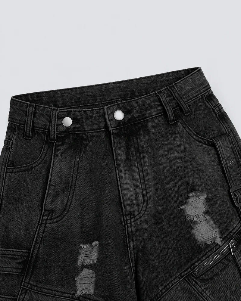 Dark Distressed Street Style Workwear Capri Pants